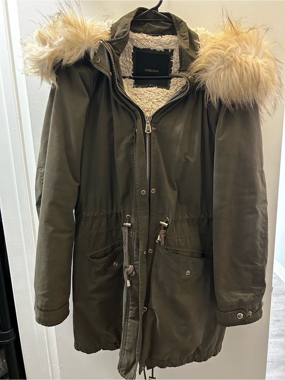 Parka Coat with Faux Fur Hood - Olive